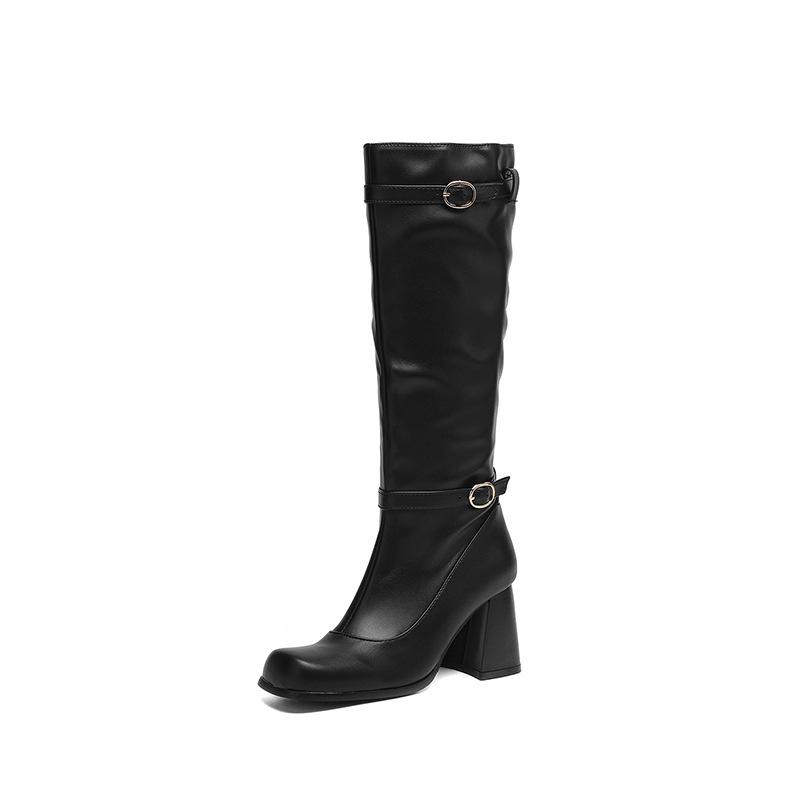 Square Head Women'S Boots Belt Buckle High Boots Thick High Heel Boots 40-44 Large Size Boots