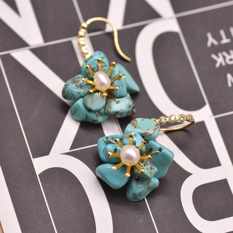 Pearl Earrings Flower Turquoise Women's Fashion Personality Flower Temperament Earrings