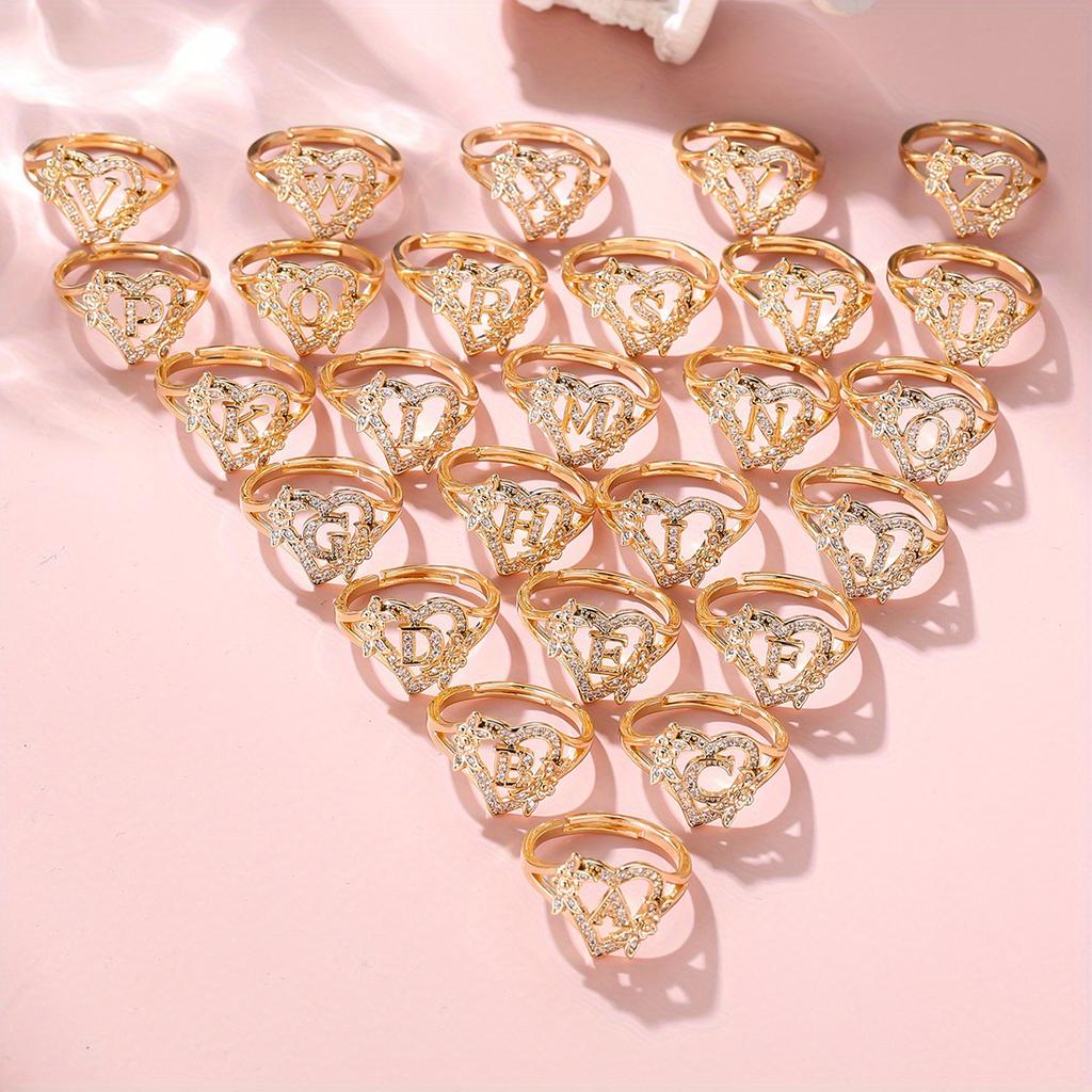 1 Stück goldene Farbe 26 englische Buchstaben CZ Zirkon Ring Rose Blume verstellbare Öffnung Ring Ehering Schmuck Valentinstag Geschenk