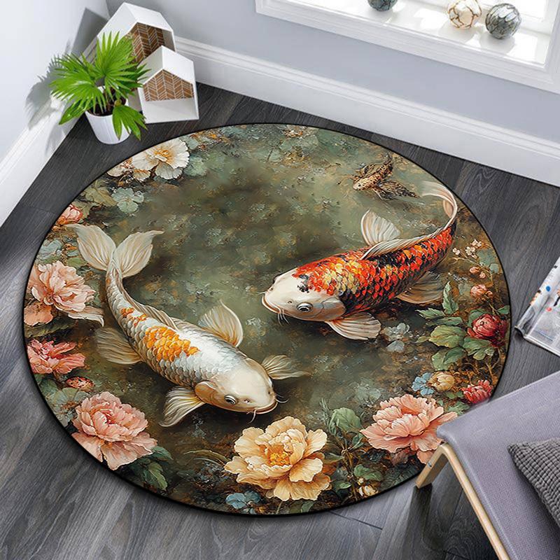 Koi Fish Round Area Rug,Carpet Rug for Living Room Bedroom Sofa Playroom Decor,Non-slip Floor Mat