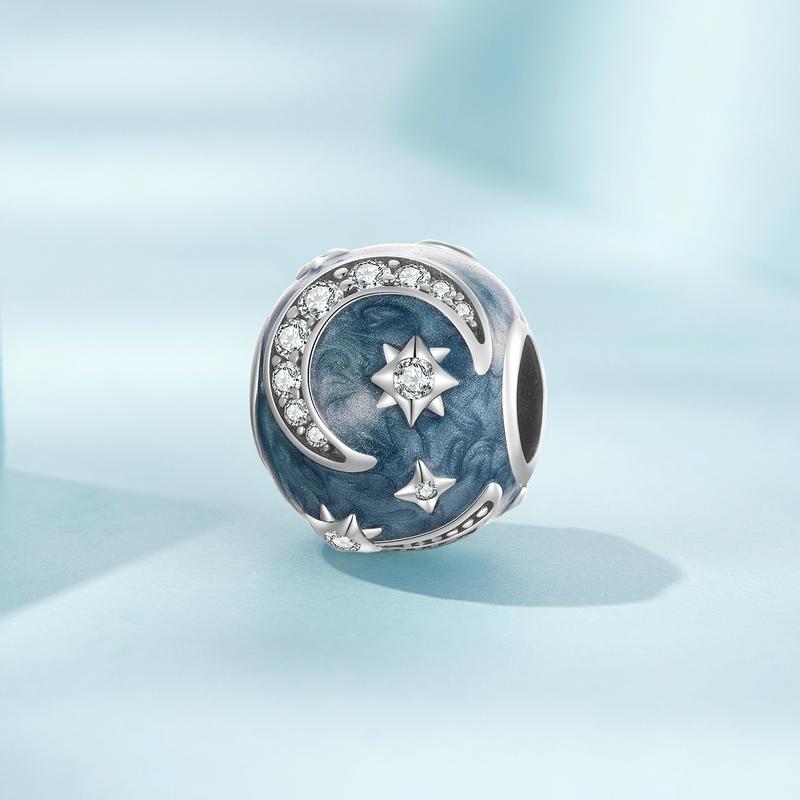 WOSTU 925 Sterling Silver Blue Starry Sky Series Shiny CZ Charms Moon Star Beads Fit Orignal Bracelet DIY Bangle Jewelry Making