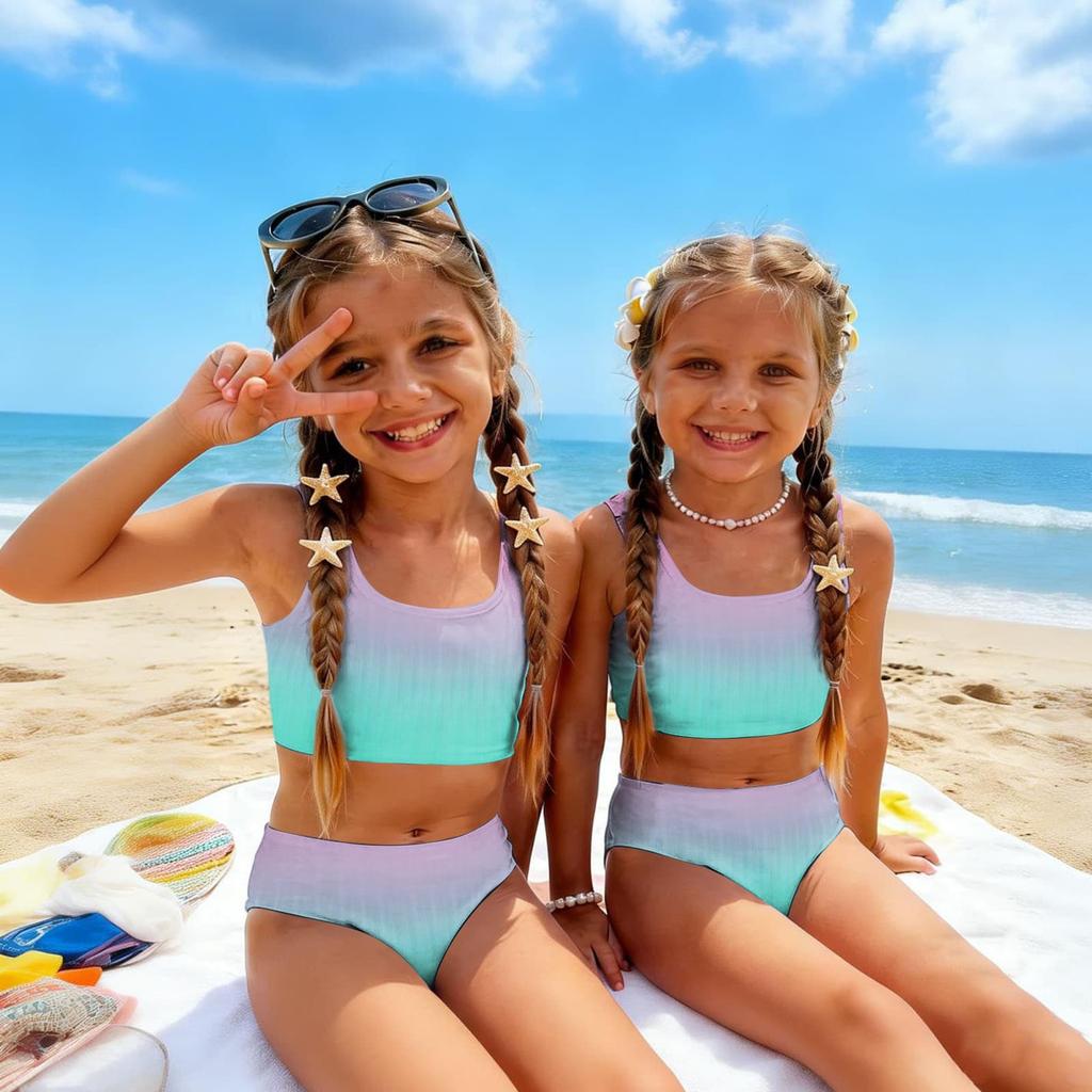 Girls Two Piece Swimsuit Set Gradient Print Sleeveless Crop Top and High Waist Bottoms Summer Beach Swimwear for Kids