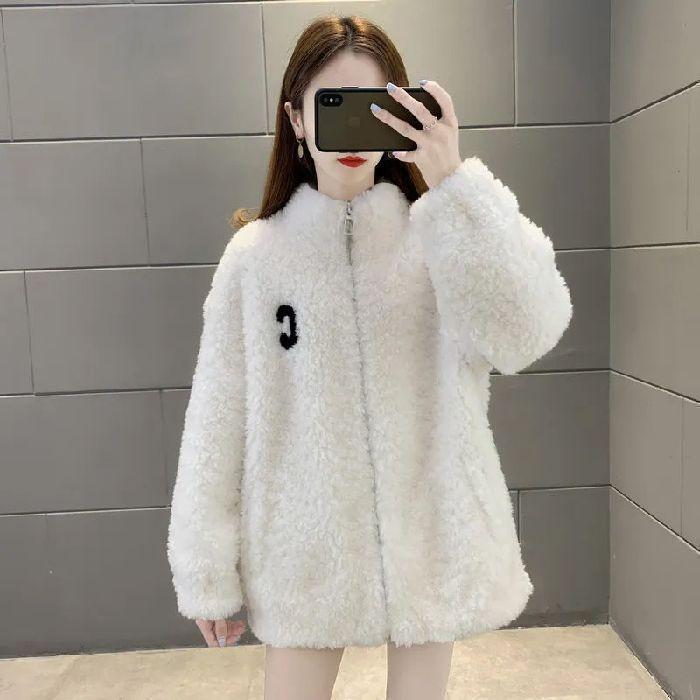 Black stand-up collar lamb wool jacket women's autumn and winter fleece thickened cardigan zipper versatile top