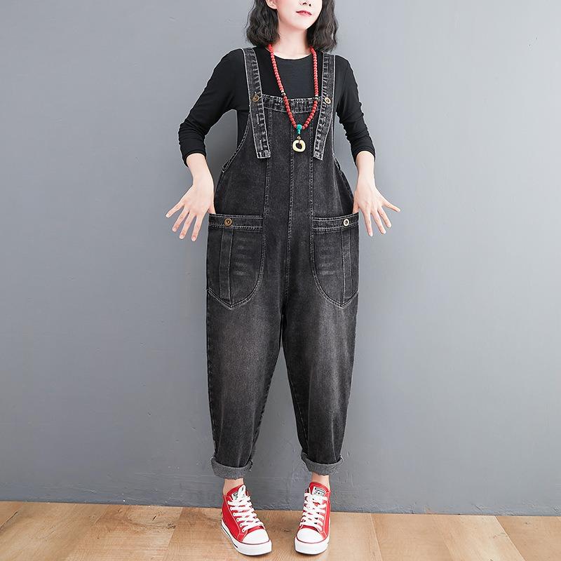 Pantaloni allacciati con bretelle in denim artistico da donna, pantaloni larghi e larghi retrò, pantaloni alla moda casual Haren, estate e autunno