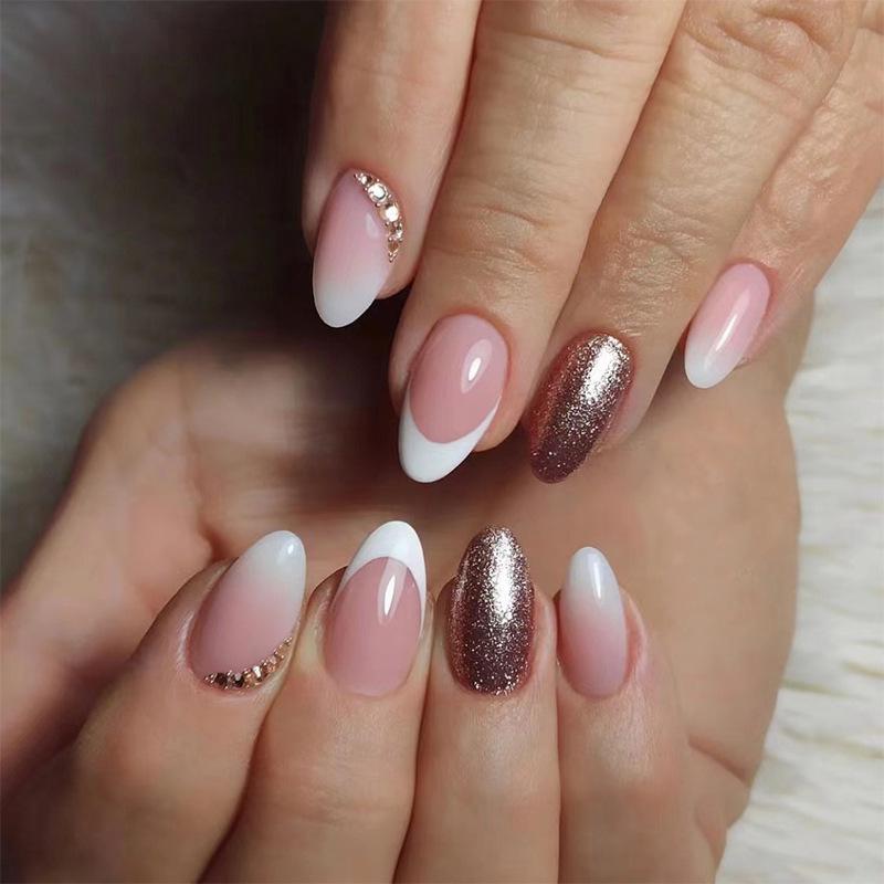 

French Style Short White Edge Glitter Rhinestone False Nails JP2264 [Glue Version]