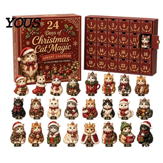 Christmas Countdown Calendar for Kids Magic Animal Advent Calendar, 24-Day Highland Cow/Cat/Sheep/Red Bird Acrylic Ornament Set, Gift Cow
