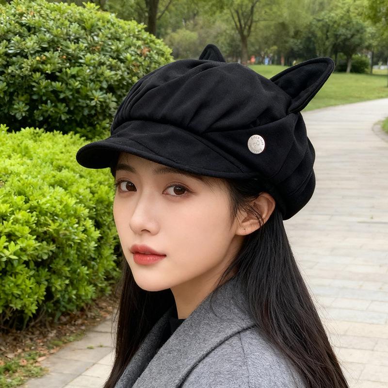 Autumn and winter cute versatile cat ears beret wide brim plain face newsboy hat