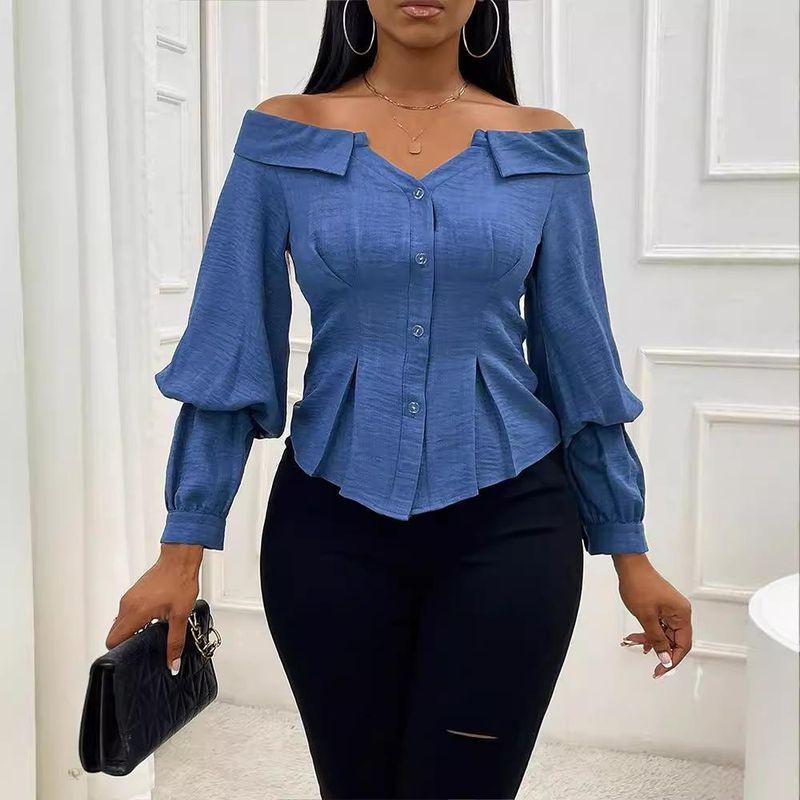European and American Women clothes Off-shoulder blouse Top Waist Hugging Slimming Sexy Puff sleeve Long sleeve
