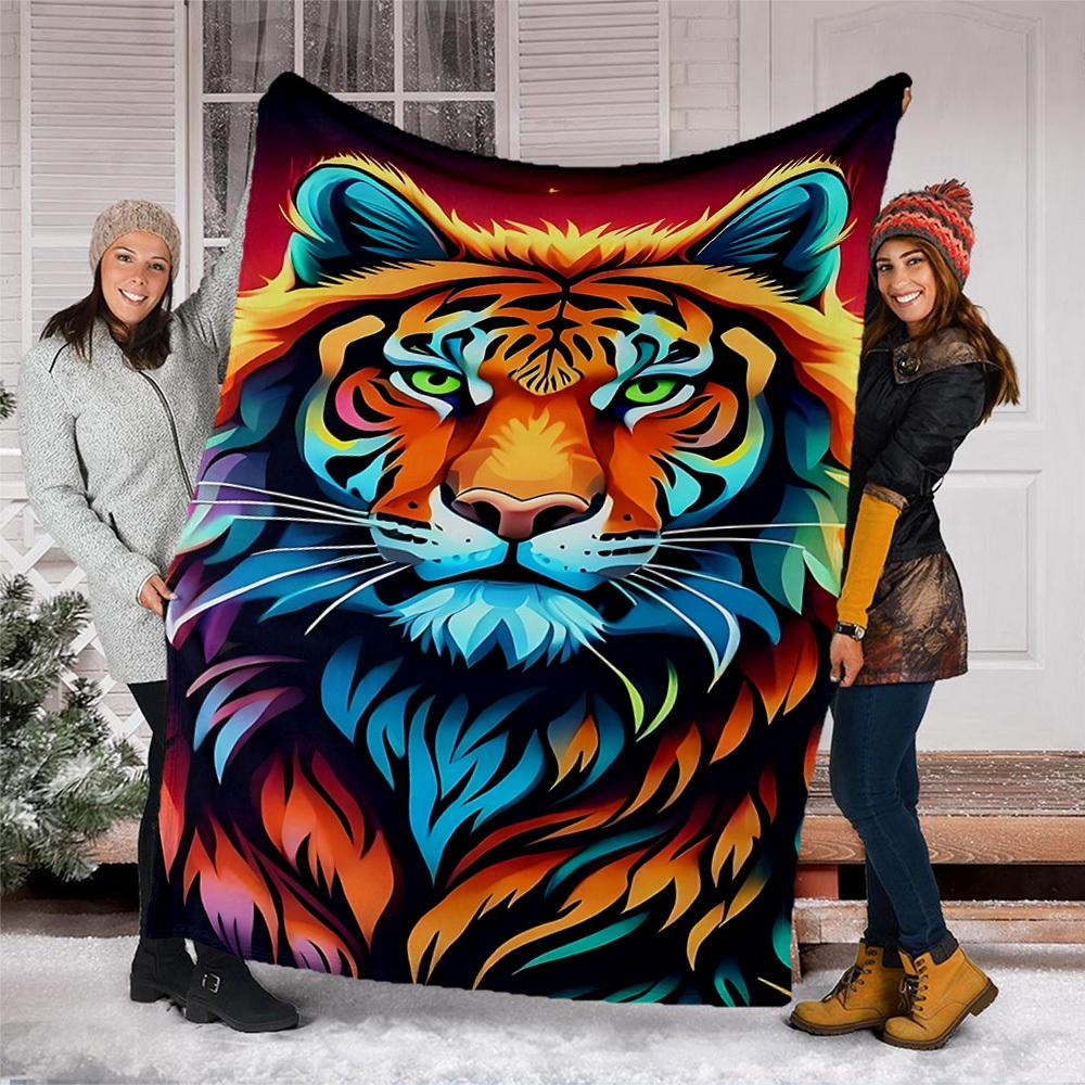 1pc Colorful Tiger Design Throw Blanket Polyester Fiber, Lightweight Flannel, Soft & Warm, All Season Use for Outdoor, Camping Digital Print
