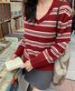 LETTER FROM MOON Brush Stripe V-Neck Knit (Burgundy)