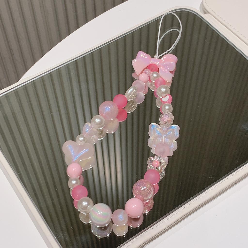 Cute Heart Beaded Bracelet Acrylic Colorful Bowknot Flower Butterfly Sweet Pearl Mobile Phone Shell Accessories Anti-Lost Chain
