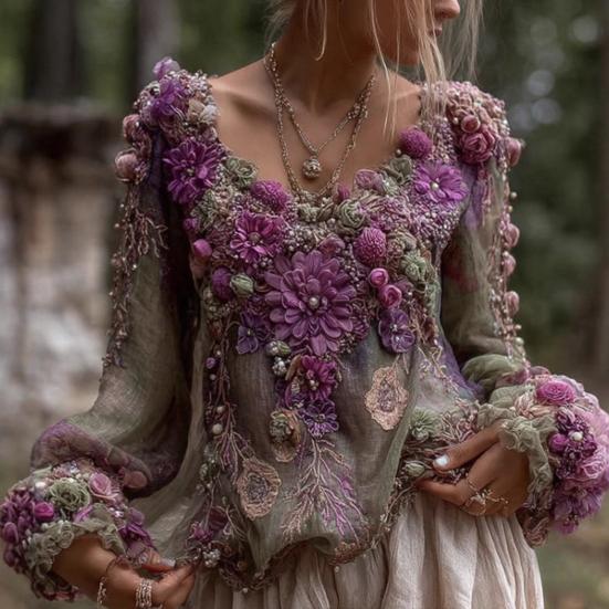 Women T-shirt V-Neck Long Sleeve 3D Flower Decor Pullover Tops with Faux Pearls Decor Spring Autumn Casual Tee Shirt