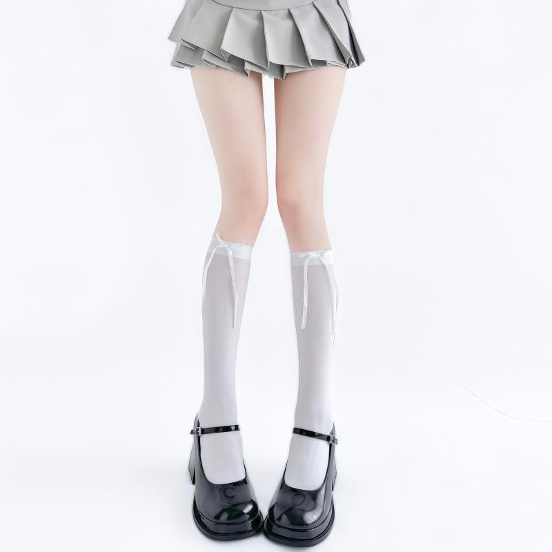 Lolita Socks Bow Knee Socks Calf Socks Gray JK Stockings Women's Ribbon Butterfly Long Socks