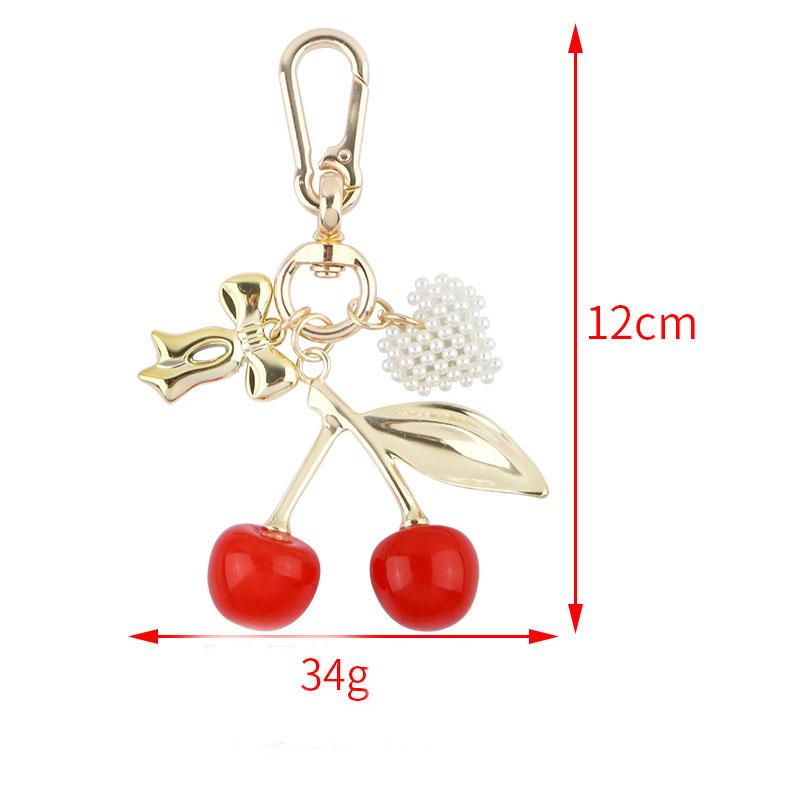 Metal Bow Red Cherry Keychain Summer Fruits Cherries Pearl Heart Pendant Keyring For Women Men Jewelry Bag Key Accessories Gift