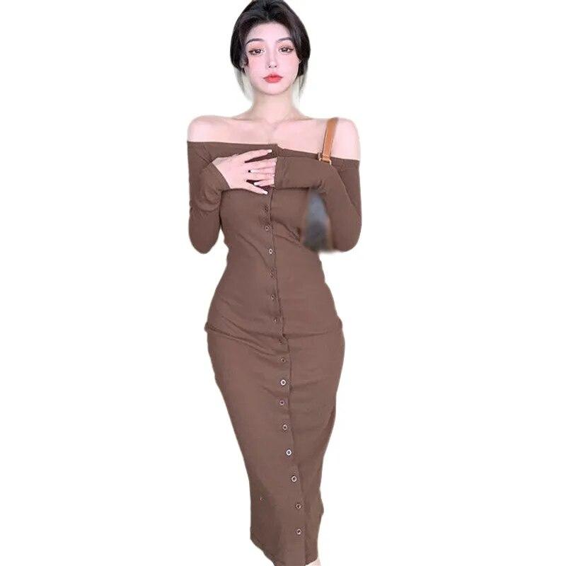 

Женское однобортное узкое длинное платье с разрезным вырезом One Size