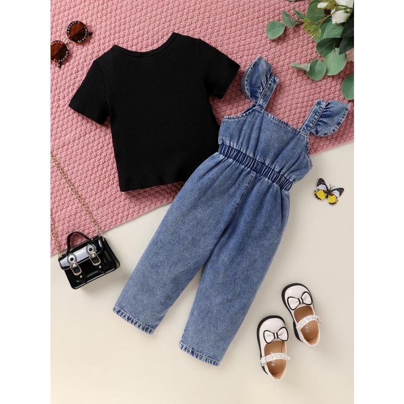 2pcs Set Of Elegant, Sweet, And Cute Little Girl'S Neat Color Pit Stripe T-shirt And Butterfly Print Ruffled Denim Jumpsuit Suitable