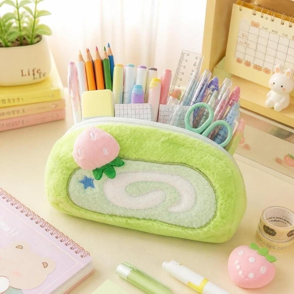 Large Capacity Cake-shape Storage Bag Strawberry Desk Organizer Plush Pencil Case Students