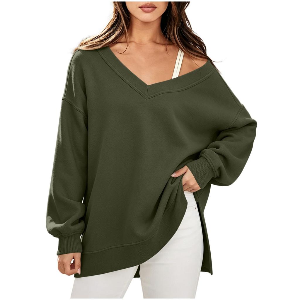 Damen Casual V-Ausschnitt Langarm Farbiger Lockerer Schnitt Sweatshirt mit Seitenschlitz