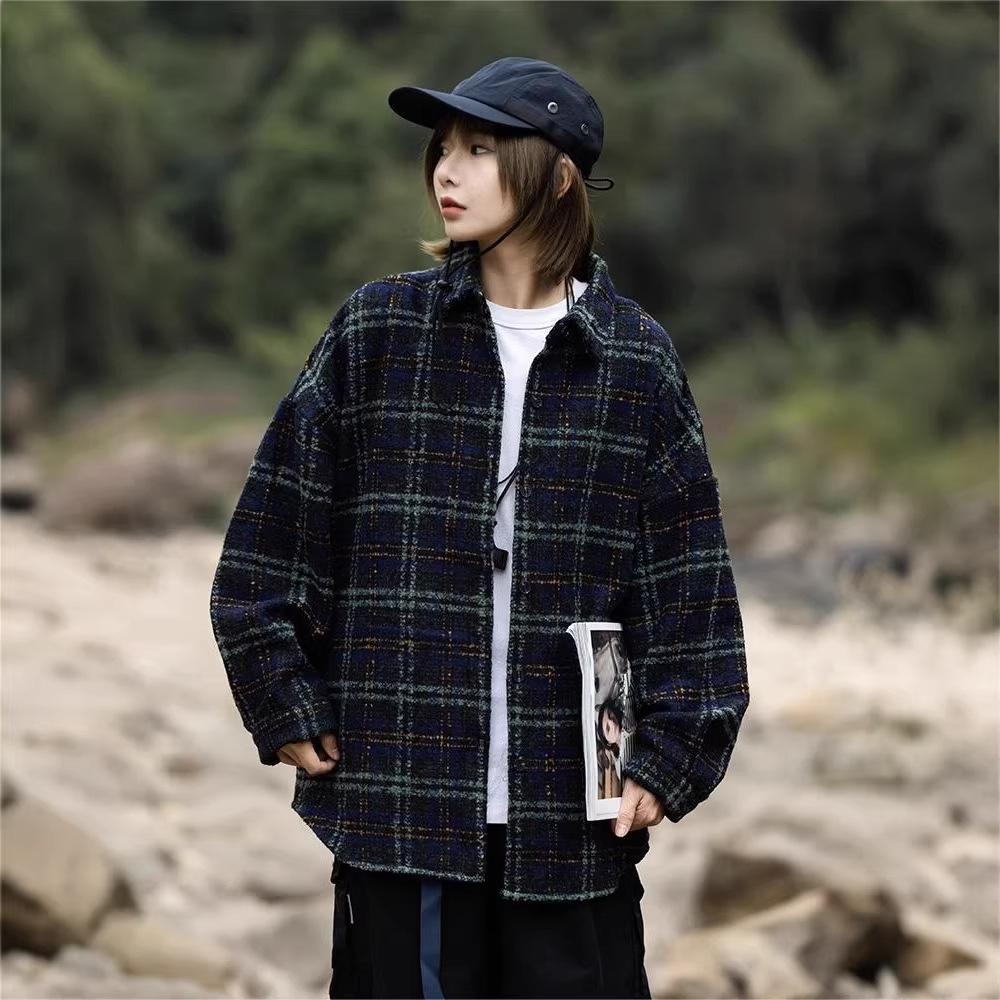 Autumn and Winter Japanese Department College Contrasting Color Plaid Shirt for Men and Women Couples BF Neutral Woolen Jacket Lapel Loose and Casual