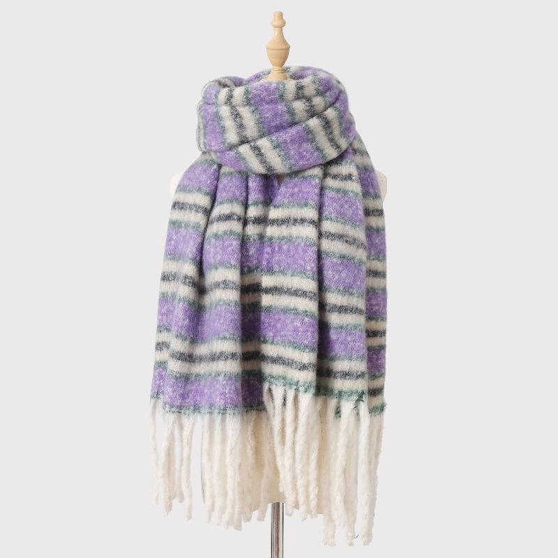 Mohair Winter Striped Scarf Women's Warm Color Matching Imitation Cashmere Advanced Sense Thickened Scarf Versatile Fashion Shawl