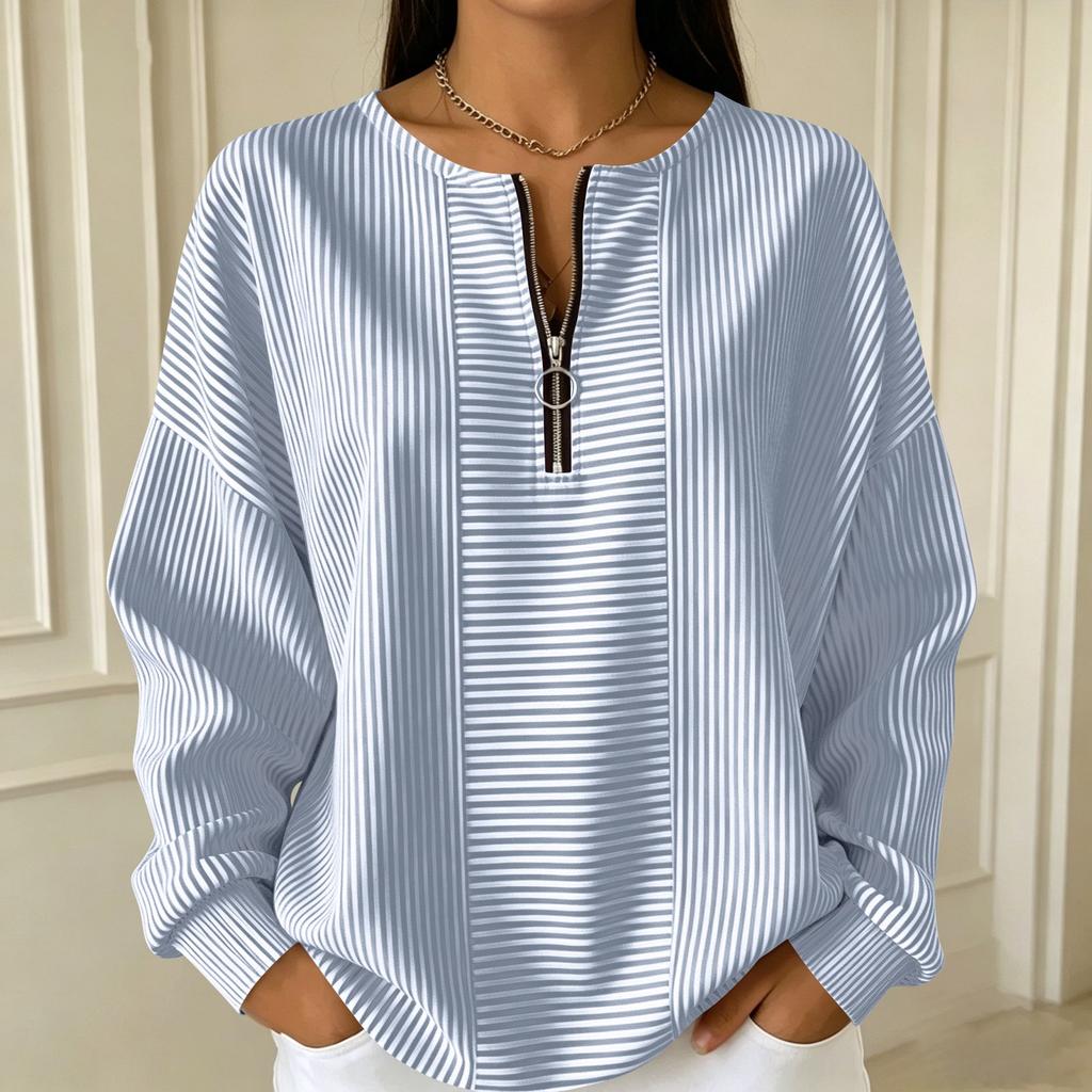 Women Striped Crew Neck Half Zip Loose Fit Long Sleeve Pullover Top Casual Lightweight Comfortable Blouse for Daily Wear
