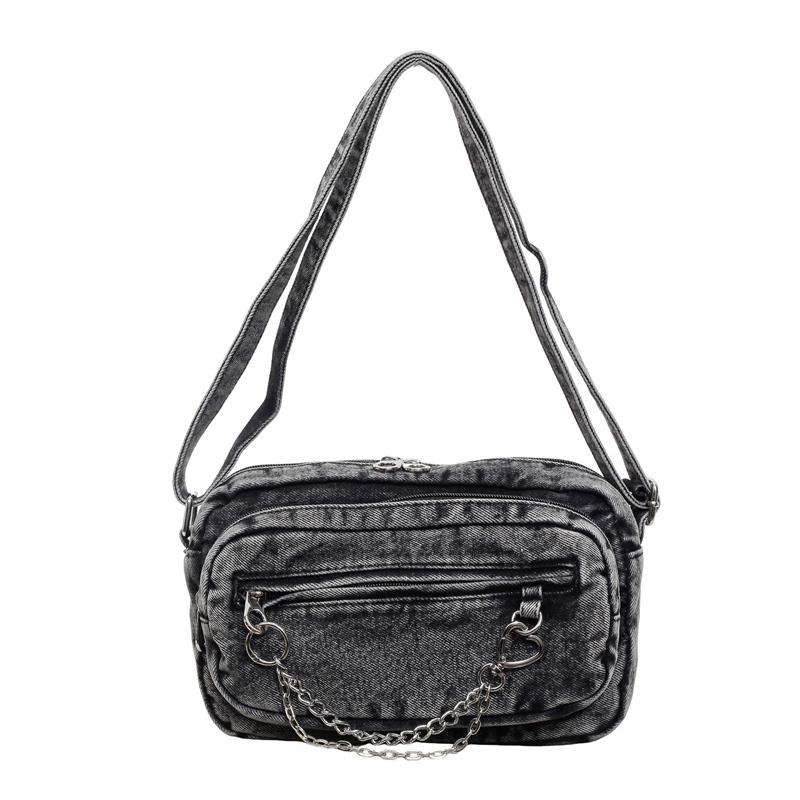 Washed Denim Crossbody Bag with Front Zipper Pocket and Decorative Chain Detail Casual Shoulder Purse for Women Daily