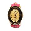 Oval Leather Strap Watch with Gold Roman Numerals and Rhinestones