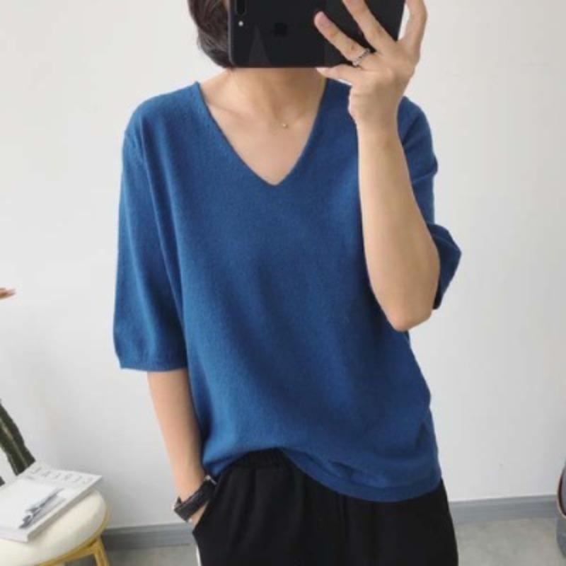 

Новая весенне-летняя свободная корейская женская футболка с короткими рукавами, женский однотонный свитер с V-образным вырезом, универсальный женский топ one size синий