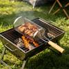 Drehbarer Grillkorb mit Holzgriff, Edelstahl-Zylinderkäfig für Camping, Antihaft-Outdoor-Kochwerkzeug