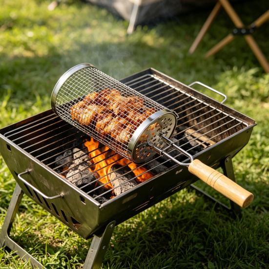 Drehbarer Grillkorb mit Holzgriff, Edelstahl-Zylinderkäfig für Camping, Antihaft-Outdoor-Kochwerkzeug