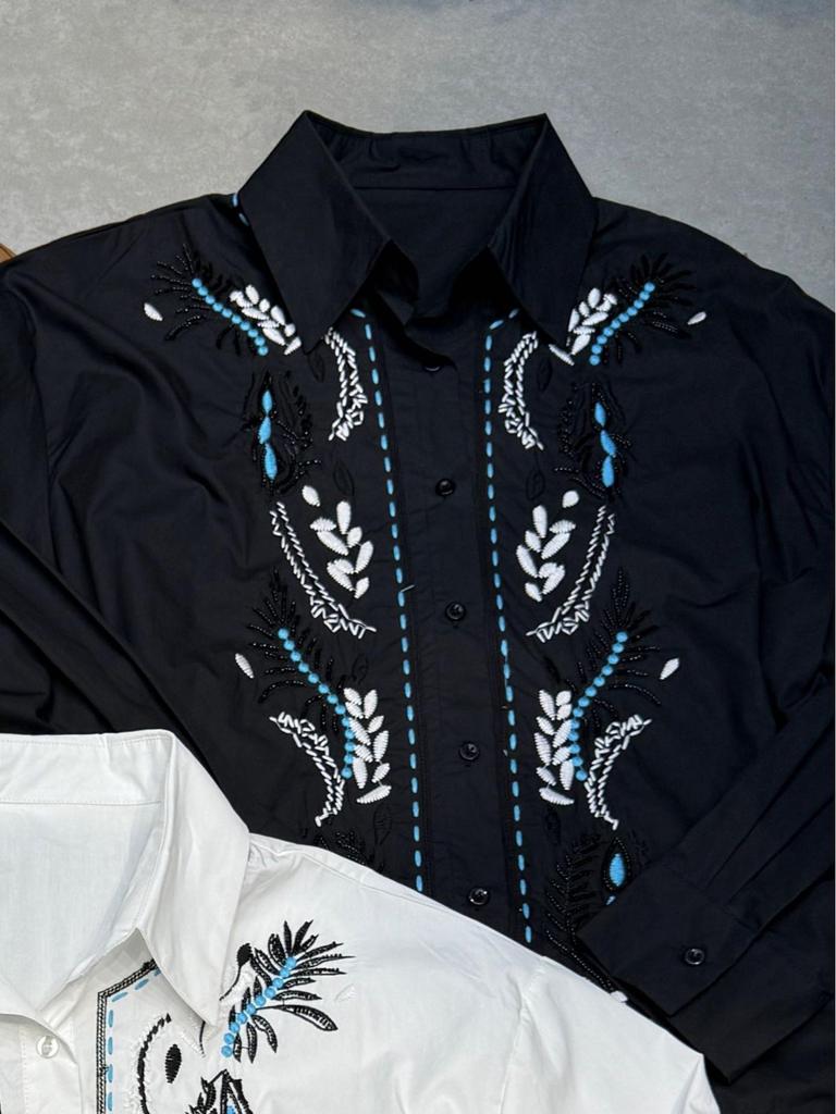 2025 Autumn Retro Long-Sleeve Shirt with Heavy Embroidery and Beadwork
