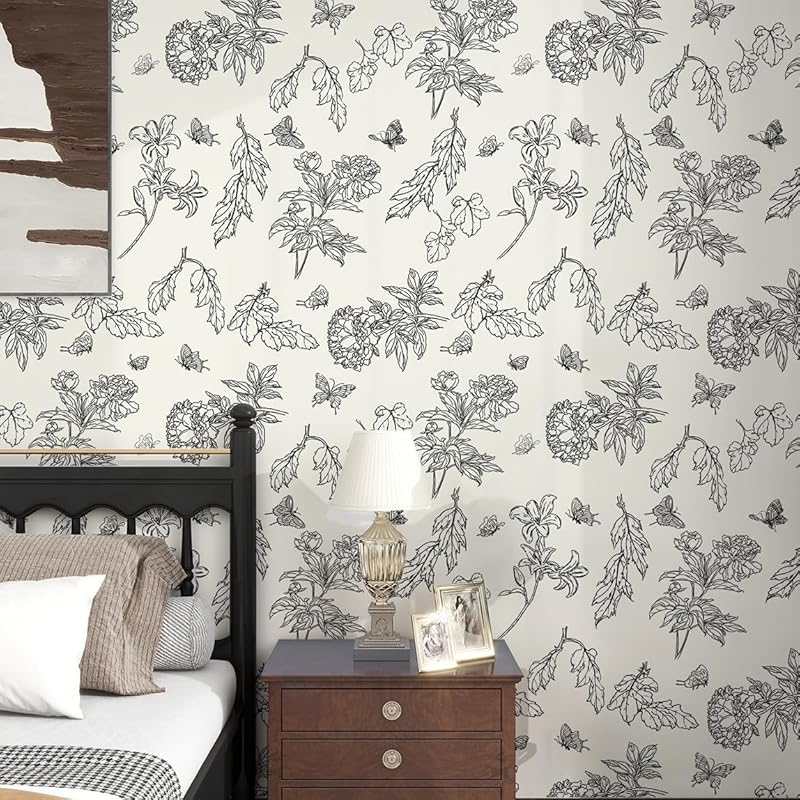 Черно-белые цветочные обои самоклеящиеся 17,7 X118  Винтажные обои с пионами Цветочные обои с бабочками Съемная самоклеящаяся цветочная контактная бумага 118  x 17.7