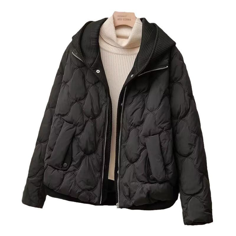 Fake two-piece knitted hooded down cotton-padded women's clothing winter new short loose thickened bread jacket jacket