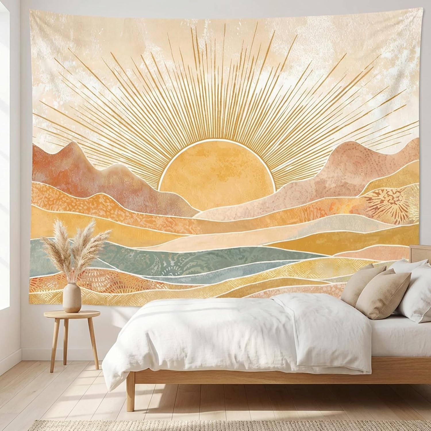 Boho Sonne Berg Wandteppich, Vintage Minimalistisch Sonnenuntergang Geometrisch Bohemian Abstrakt Kunst Wandteppiche für Schlafzimmer Wohnzimmer 100X70CM