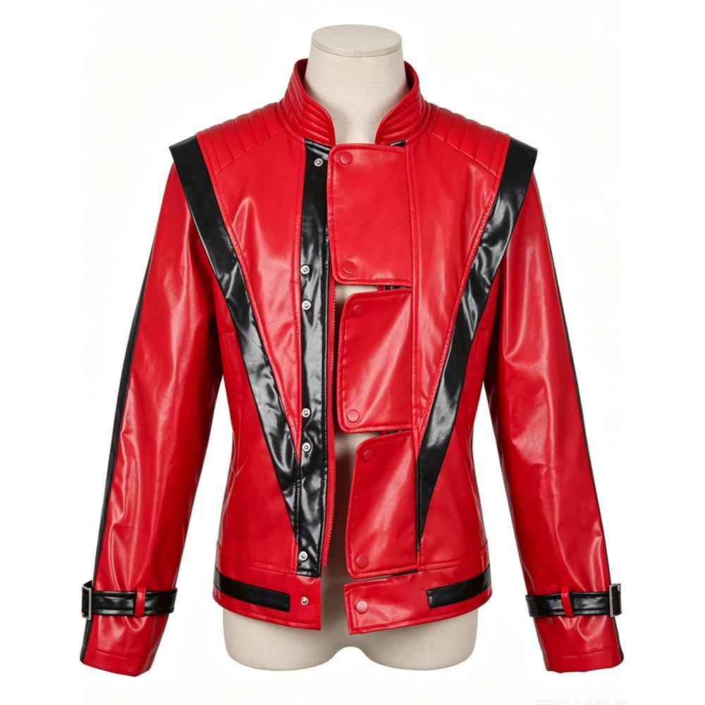 Michael Jackson Cosplay Rote Lederjacke Halloween Kostüm Party Auftritt Outfit Street Fashion Stil Cosplay Jacke Für Männer Frauen Erwachsene Unisex XXL rot