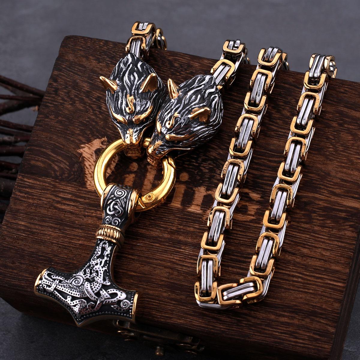 Stainless Steel Wolf Head Viking Amulet Thor Hammer Pendant Necklace for Men Pirate King Chain Jewelry 50cm