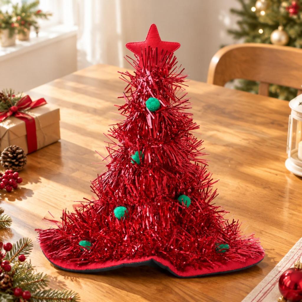 Christmas Tree Hat with Star Topper Festive Tinsel Whimsical for Holiday