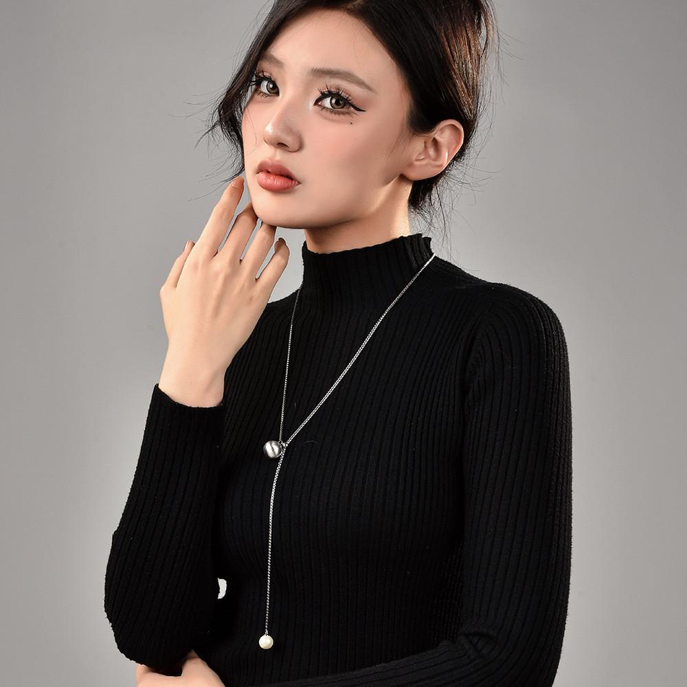 Chic Pull And Slide Pearl Long Pendant Necklace With Sleek Snake Chain For Fashionable Women