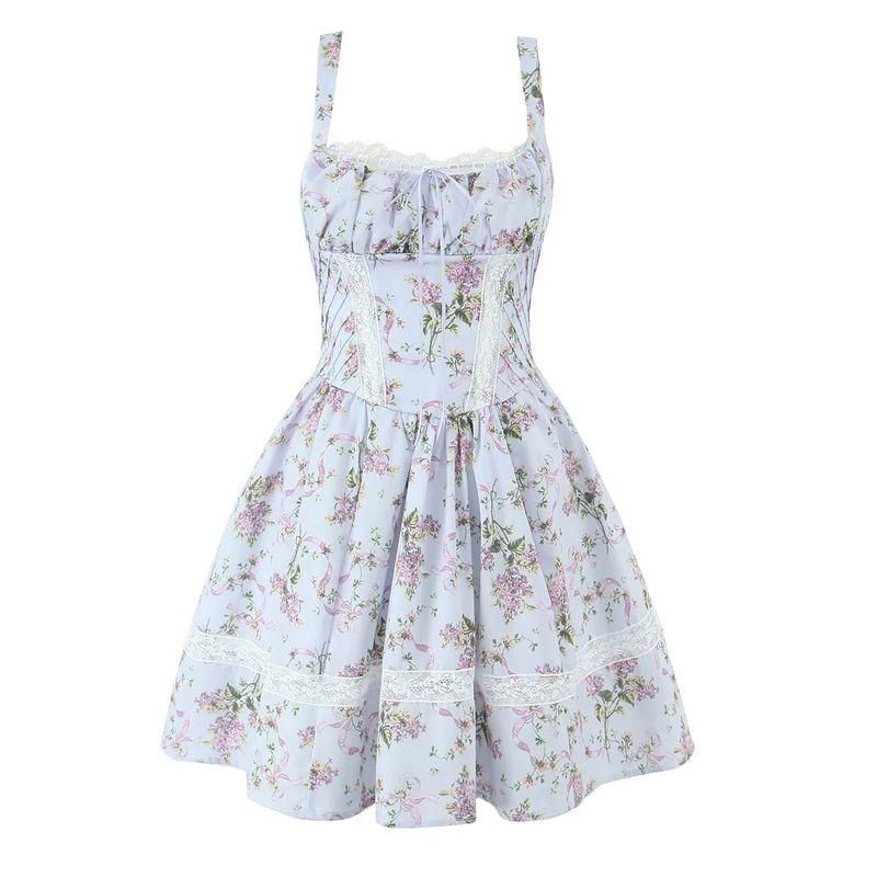 Midsummer Flower House Same Style French Style Romantic Sweet Pastoral Floral Lace Stitching Waist Hugging Sling Dress