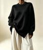 Women's Plus Size Round Neck Knit Sweater - Autumn/Winter 2026 Collection, Solid Color, Loose Fit, Side Split Pullover
