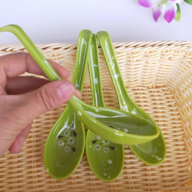 5/10Pcs Break-Resistant Melamine Spoon Thickened Flower Soup Spoons With Hook Portable Long Handle Plastic Food Tableware Green