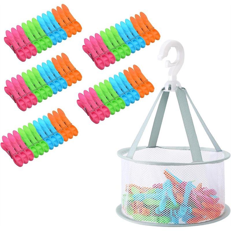 2025 Trend Légáteresztő háló ruhacsipeszekhez, zoknicsipeszekkel - 60 darabos csomag ruhacsipeszekhez csipesztartó kosárral akasztókosárhoz