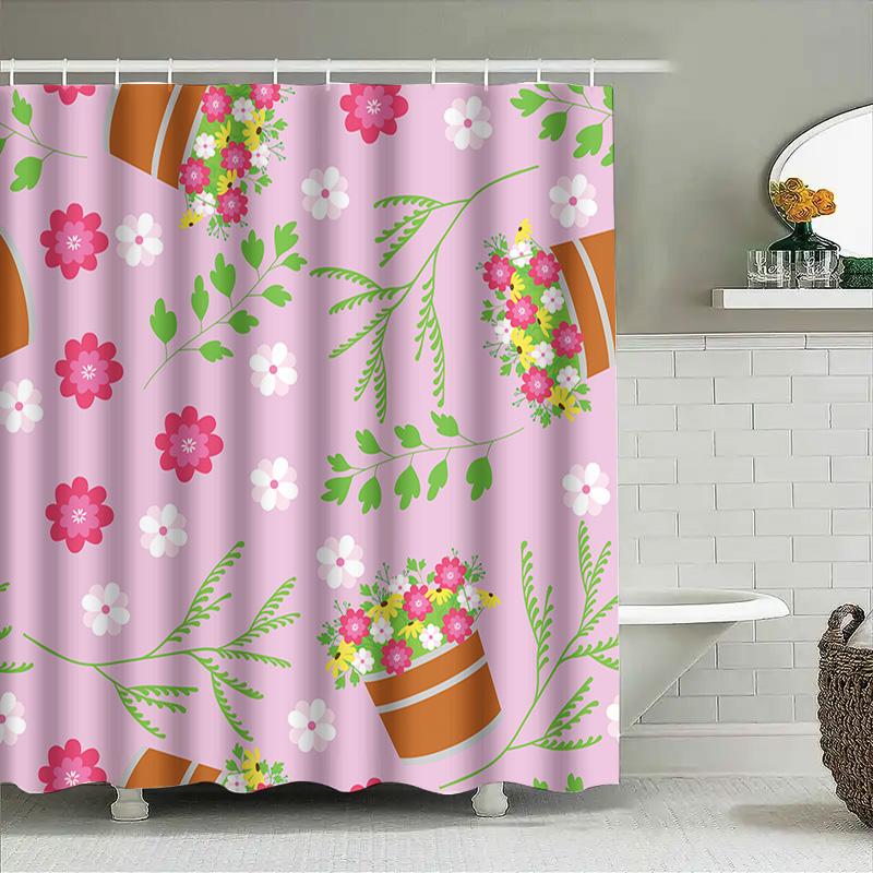 Pink Floral Potted Plant Shower Curtain For Bathroom Decor Home Decoration Waterproof Fabric Printing Size: 72X84 Inches
