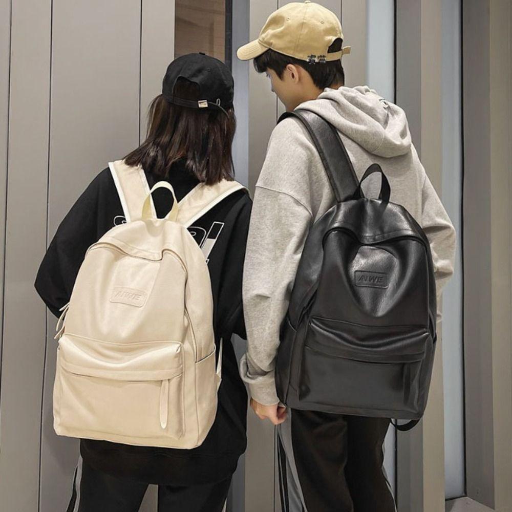 Multiple Pockets Teens Schoolbag Korean Style Travel Bag Leather Backpack Men  Boys Girls