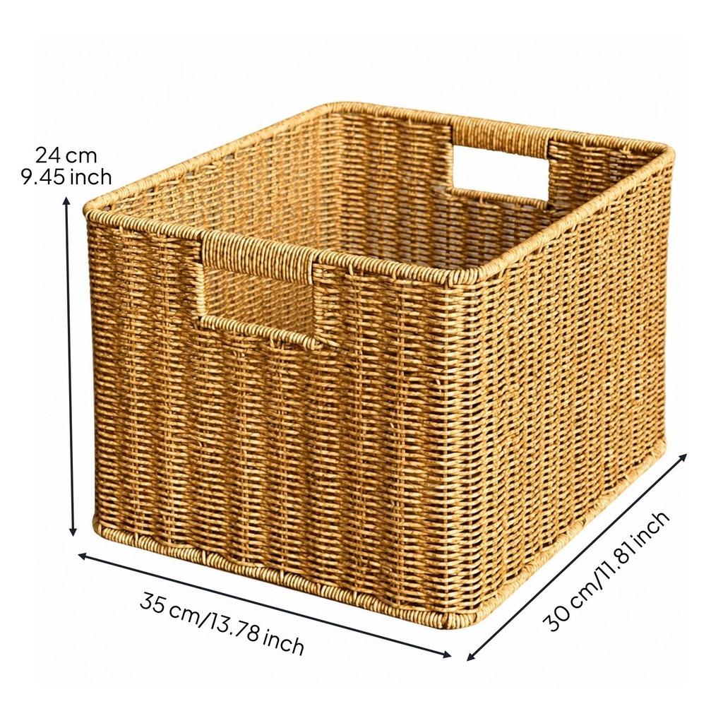 Lightweight Rattan Finish Storage Basket Organizer with Side Handles for