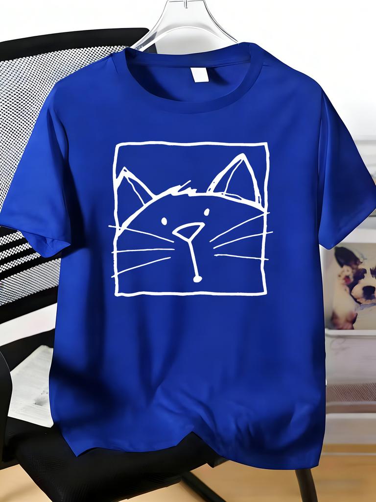 Unisexs Tee Square Line Art Cat Face Graphic Print Cotton Short Sleeve Male Casual Streetwear Outdoor Daily Basic Fashion Wear Top