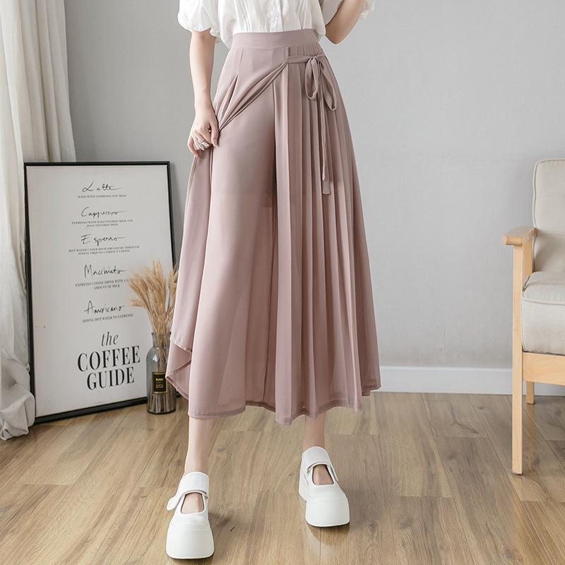 Spring New Chiffon Trousers Large Size Elastic Waist Casual Pants Lace-up Mesh Trousers Skirts Women's Clothing