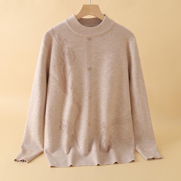 Mom's New Style Middle-aged and Fashionable Knitted Base Thick Top Plus Velvet Middle-aged and Elderly Autumn and Winter Warm Half-turtleneck Sweater