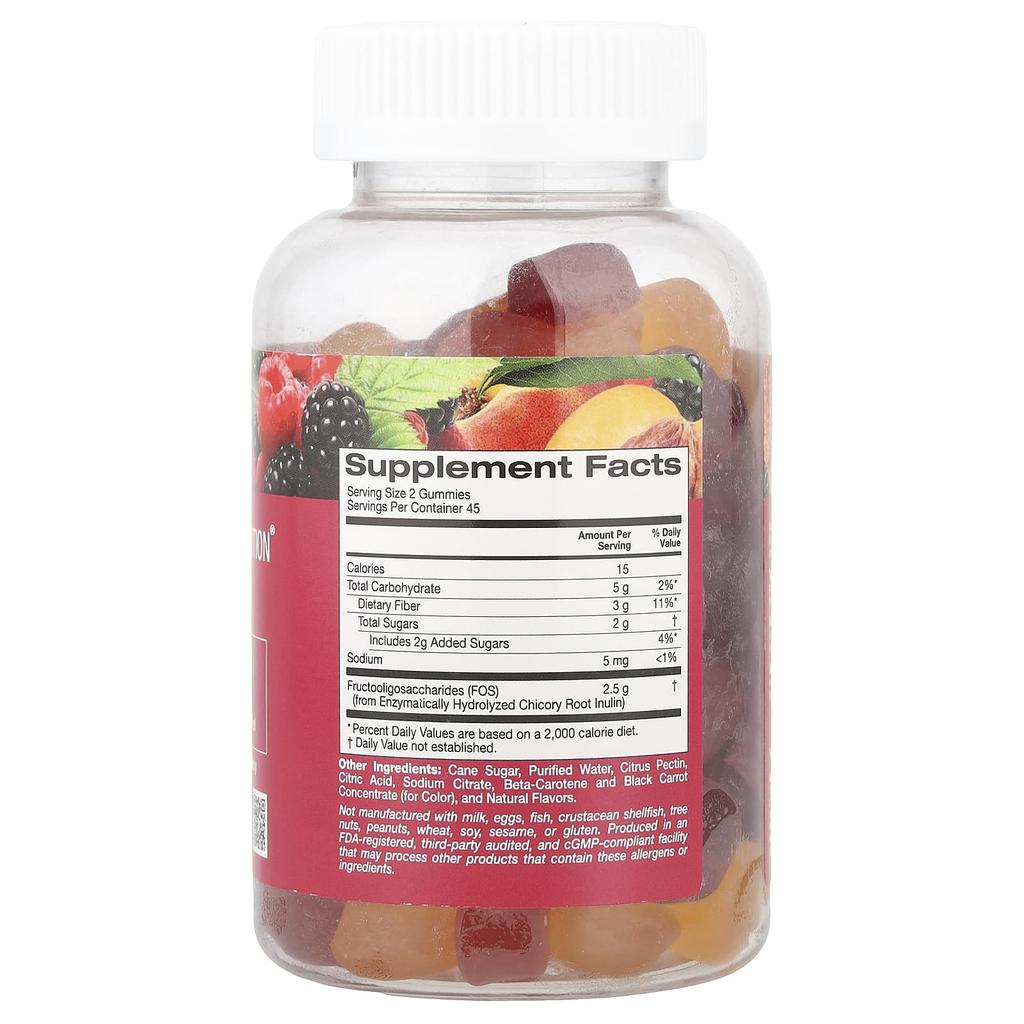 Fiber Gummies, Natural Blackberry, Peach, Raspberry Flavors, Vegan Gummies, 90 Pieces