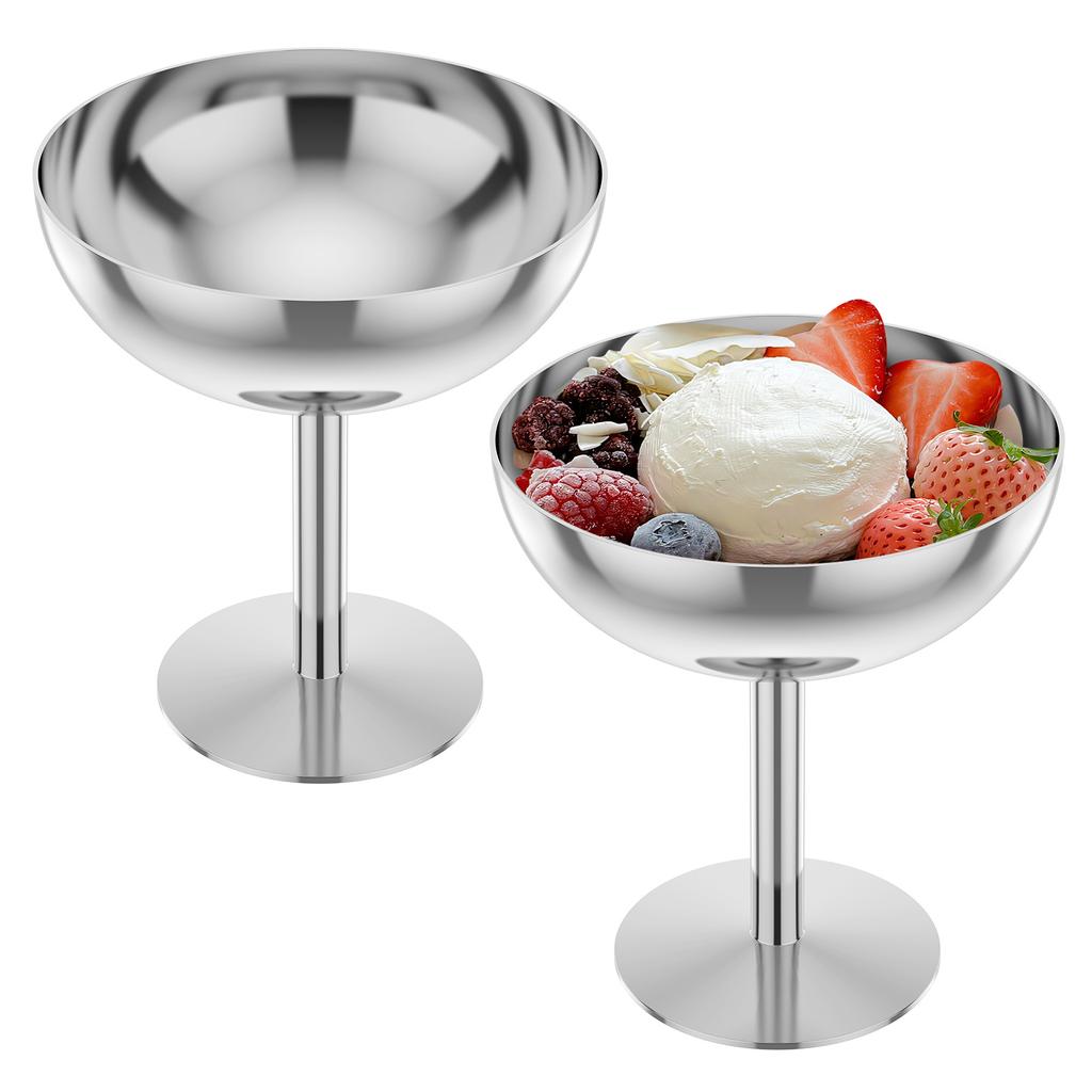 2 Pcs Ice Cream Goblet 304 Stainless Steel Dessert Cup Reusable Pudding Fruit Salad Bowls for Bar Restaurant Kitchen Accessories